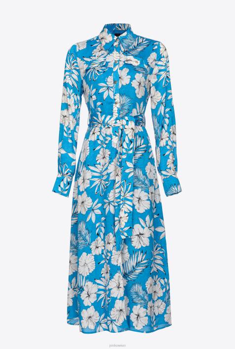 lange Kleider | Pinko türkis/butter/schwarz Hemdblusenkleid mit grafischem BlumenmusterZ4ZP52