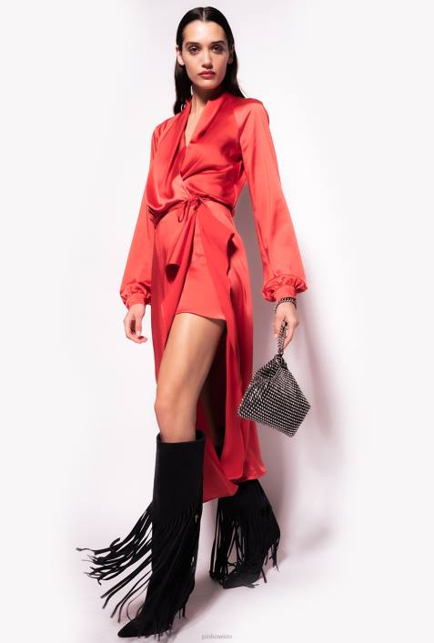 mittellange Kleider | Pinko Formel1 rot Wickelkleid aus SatinZ4ZP101