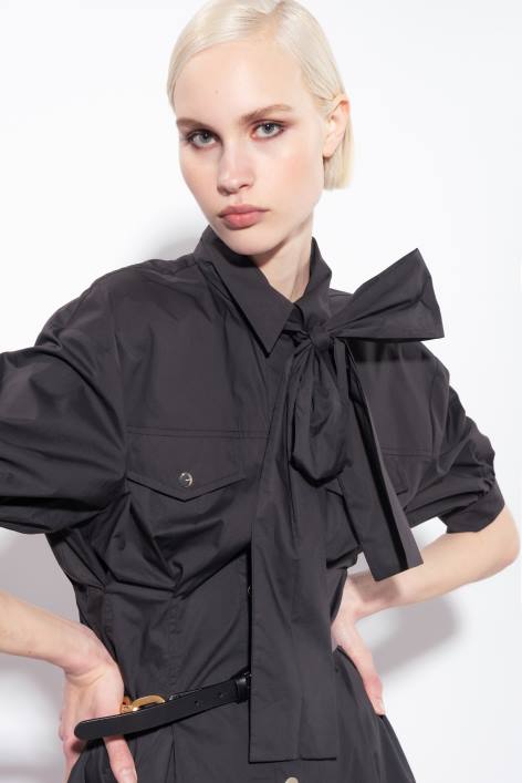 mittellange Kleider | Pinko Limousine schwarz Hemdblusenkleid aus Baumwollpopeline mit SchärpeZ4ZP39