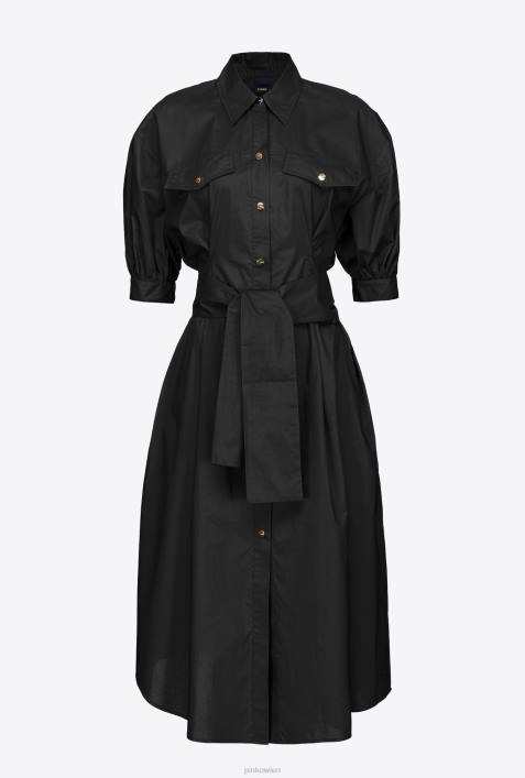 mittellange Kleider | Pinko Limousine schwarz Hemdblusenkleid aus Baumwollpopeline mit SchärpeZ4ZP39
