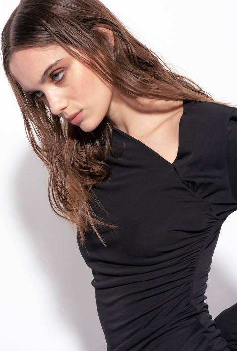 mittellange Kleider | Pinko Limousine schwarz Wadenlanges Kleid mit seitlichen RaffungenZ4ZP192