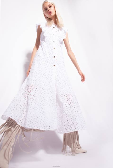 mittellange Kleider | Pinko helles Weiss Baumwollkleid mit LochstickereiZ4ZP225