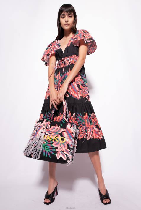 mittellange Kleider | Pinko multi. Schwarz Rot Kleid aus Popeline mit tropischem PrintZ4ZP106