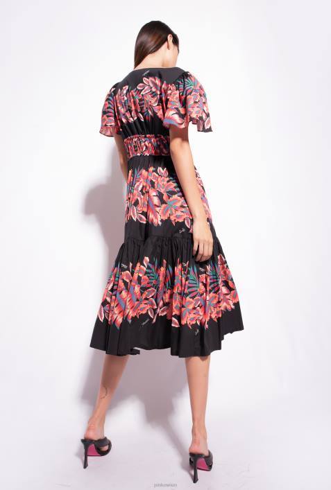 mittellange Kleider | Pinko multi. Schwarz Rot Kleid aus Popeline mit tropischem PrintZ4ZP106