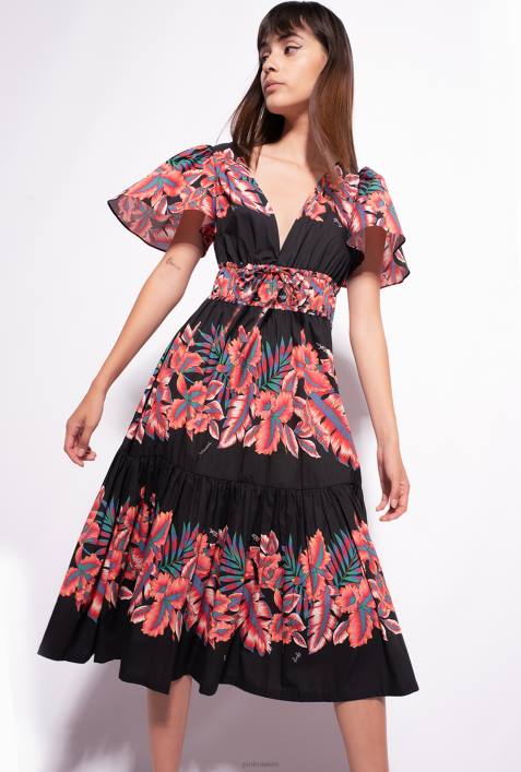 mittellange Kleider | Pinko multi. Schwarz Rot Kleid aus Popeline mit tropischem PrintZ4ZP106