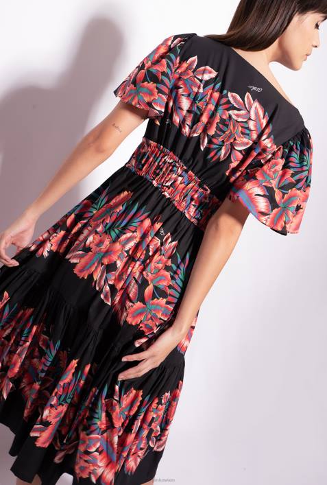 mittellange Kleider | Pinko multi. Schwarz Rot Kleid aus Popeline mit tropischem PrintZ4ZP106