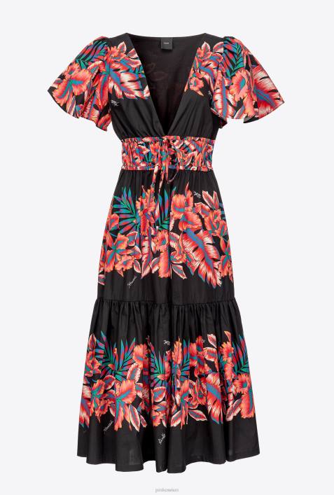mittellange Kleider | Pinko multi. Schwarz Rot Kleid aus Popeline mit tropischem PrintZ4ZP106