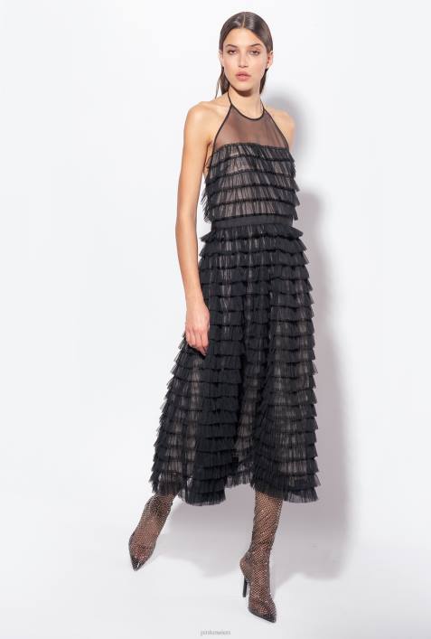 mittellange Kleider | Pinko schwarz/nackt Midikleid aus Tüll mit RüschenZ4ZP116