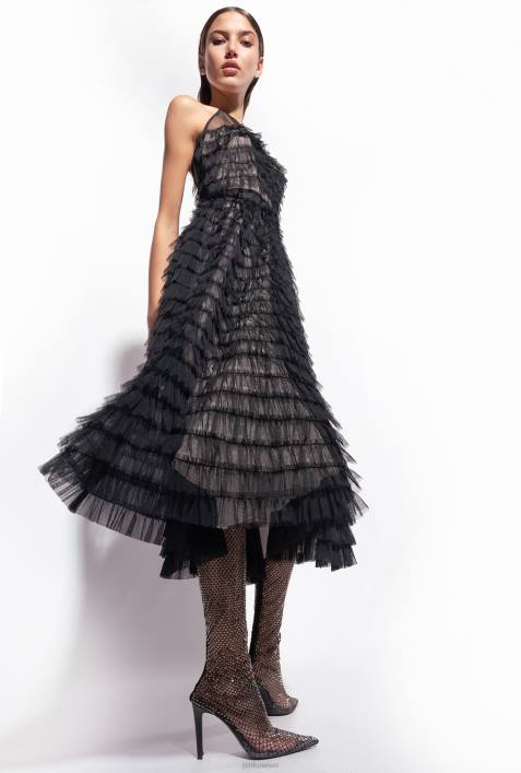 mittellange Kleider | Pinko schwarz/nackt Midikleid aus Tüll mit RüschenZ4ZP116