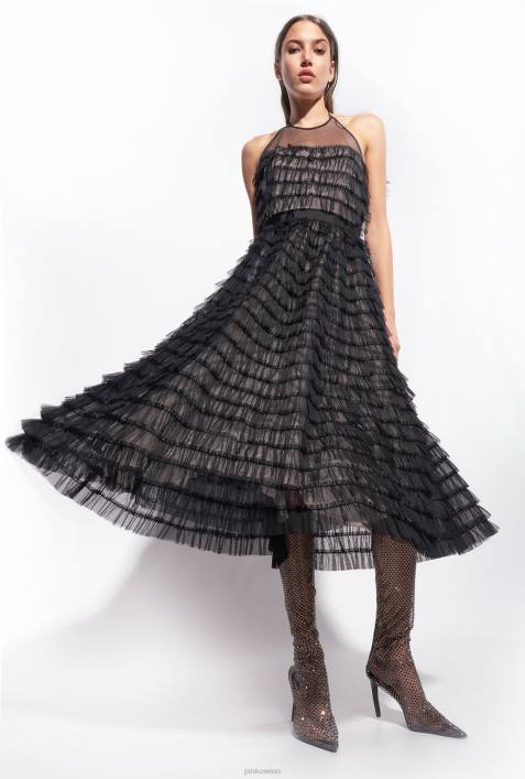 mittellange Kleider | Pinko schwarz/nackt Midikleid aus Tüll mit RüschenZ4ZP116