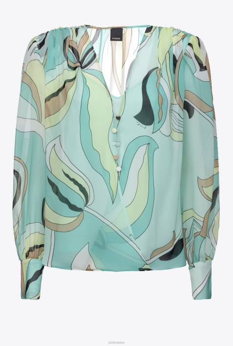 Blusen | Pinko mehrfarbig – Aquagrün/Beige Voile-Bluse mit Blütenknospen-PrintZ4ZP254
