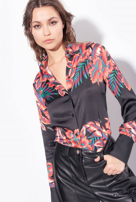 Hemden | Pinko multi. Schwarz Rot tropisches SatinhemdZ4ZP313
