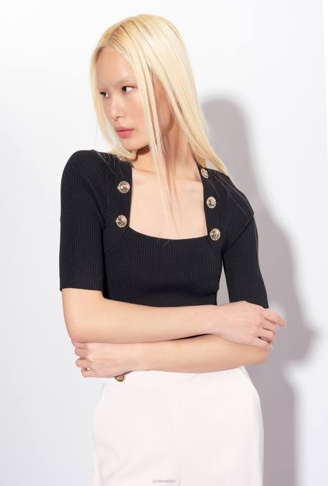 Pullover | Pinko Limousine schwarz Rippstrickoberteil mit goldenen KnöpfenZ4ZP492