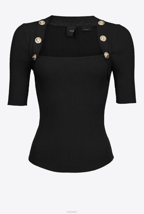 Pullover | Pinko Limousine schwarz Rippstrickoberteil mit goldenen KnöpfenZ4ZP492