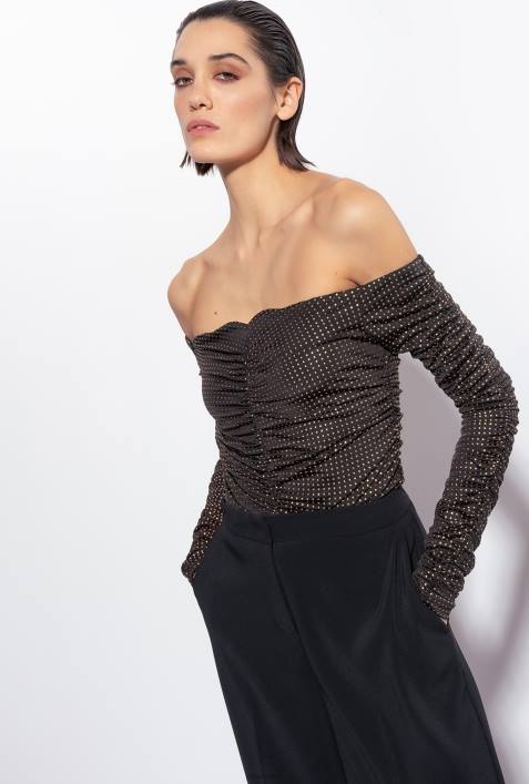 Pullover | Pinko schwarzes Gold Schulterfreies Oberteil mit MikronietenZ4ZP388