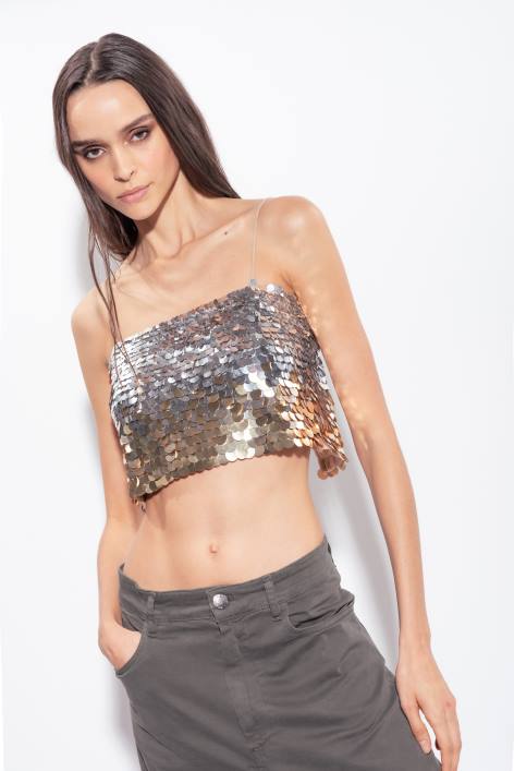 Nach oben | Pinko Gold-Silber Paillettenbesetztes Crop-Top mit Fade-EffektZ4ZP317