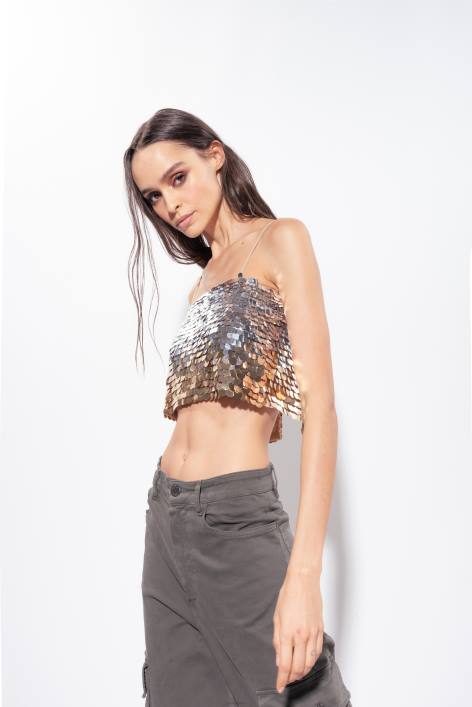 Nach oben | Pinko Gold-Silber Paillettenbesetztes Crop-Top mit Fade-EffektZ4ZP317
