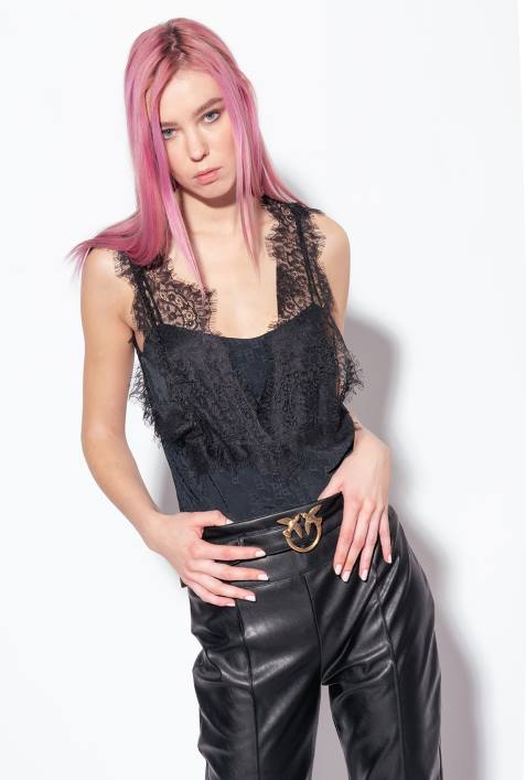 Nach oben | Pinko Limousine schwarz Jacquard-Logo-Oberteil mit SpitzeZ4ZP472