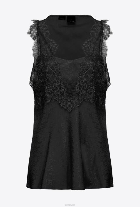 Nach oben | Pinko Limousine schwarz Jacquard-Logo-Oberteil mit SpitzeZ4ZP472