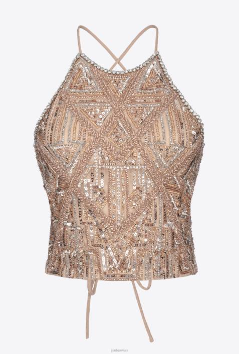 Nach oben | Pinko multi. Nude/Silber/Gold Crop-Top mit Kristallmix-StickereiZ4ZP319