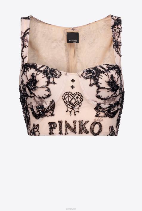 Nach oben | Pinko nackt/schwarz Crop-Top mit Tattoo-Print und StickereiZ4ZP468