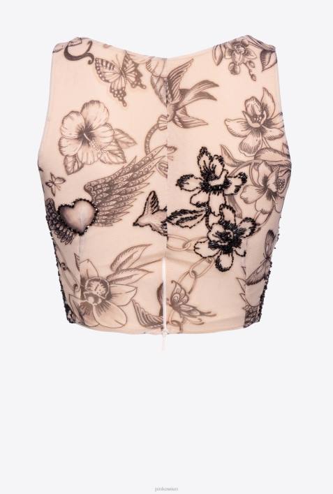 Nach oben | Pinko nackt/schwarz Crop-Top mit Tattoo-Print und StickereiZ4ZP468