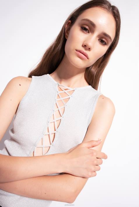 Nach oben | Pinko silbermetallic Rippstrickoberteil aus Lurex mit überkreuzten DetailsZ4ZP456
