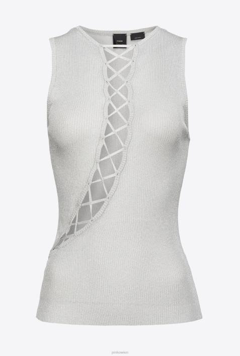 Nach oben | Pinko silbermetallic Rippstrickoberteil aus Lurex mit überkreuzten DetailsZ4ZP456