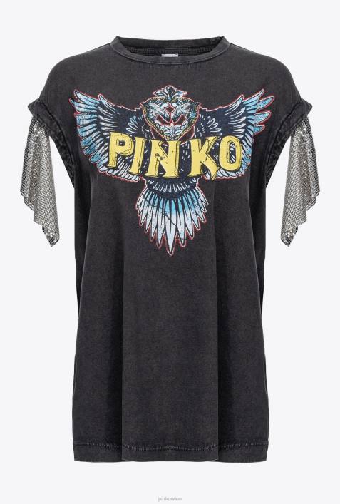 T-Shirt | Pinko Grau-Tiefschwarz Maxi-T-Shirt mit Flügel und LogoZ4ZP381