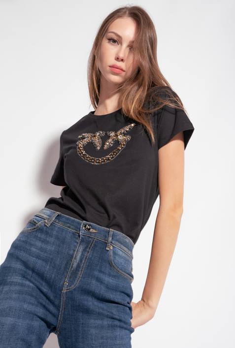T-Shirt | Pinko Limousine schwarz T-Shirt mit Love Birds-StickereiZ4ZP458