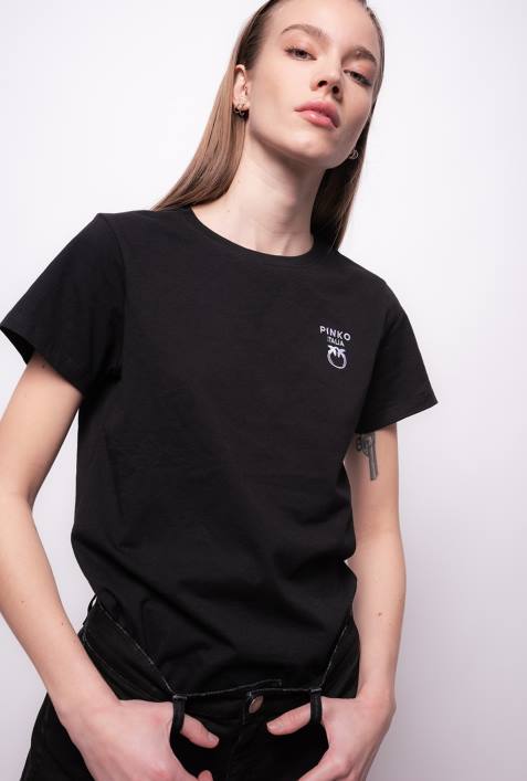 T-Shirt | Pinko Limousine schwarz T-Shirt mit Mini-Lovebirds-StickereiZ4ZP494