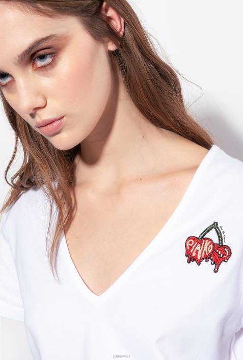 T-Shirt | Pinko helles Weiss T-Shirt mit KirschstickereiZ4ZP453