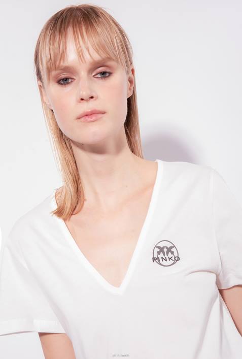T-Shirt | Pinko seidenweiß T-Shirt mit V-Ausschnitt und LogoZ4ZP399