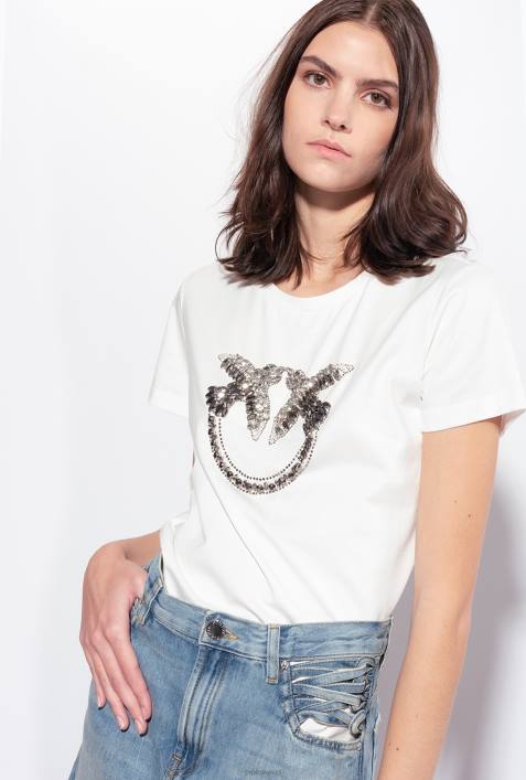 T-Shirt | Pinko wolkenweiß T-Shirt mit Love Birds-StickereiZ4ZP352