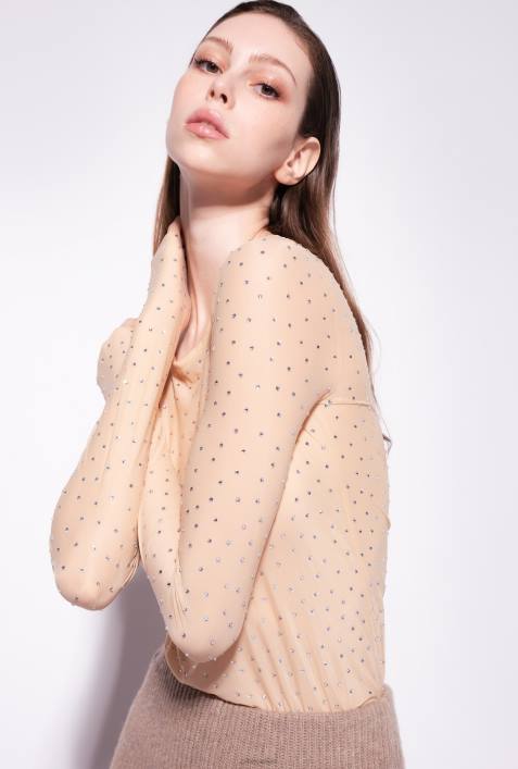Dessous | Pinko beige-matt mandel Vollständig mit Strasssteinen besetzter PulloverZ4ZP482