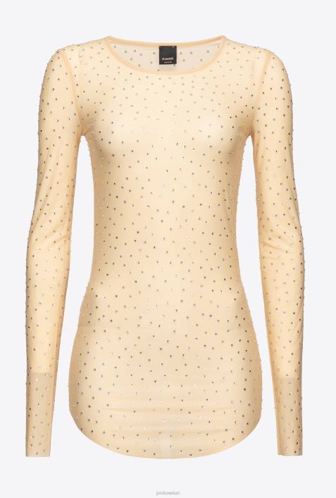 Dessous | Pinko beige-matt mandel Vollständig mit Strasssteinen besetzter PulloverZ4ZP482