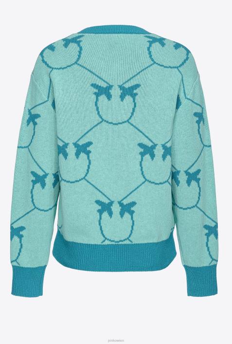 Pullover | Pinko Aquagrün/Blaugrün Monogramm-Jacquard-PulloverZ4ZP518