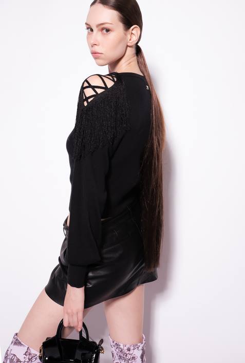 Pullover | Pinko Limousine schwarz Gerippter Pullover mit FransendetailZ4ZP506