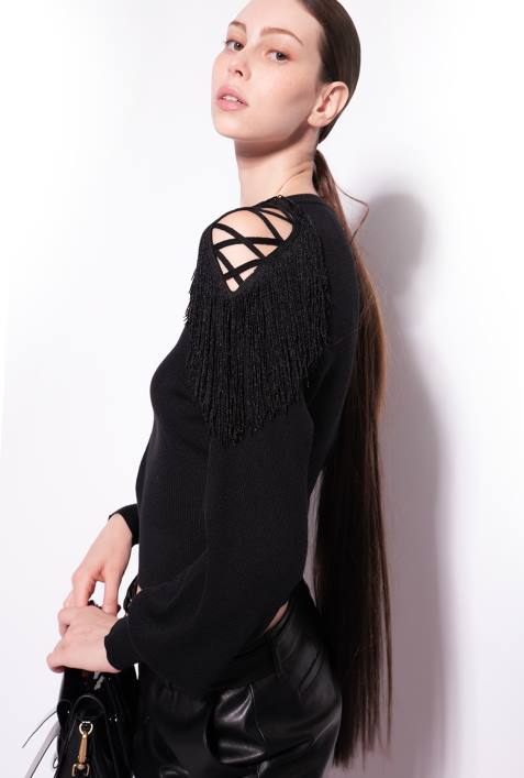 Pullover | Pinko Limousine schwarz Gerippter Pullover mit FransendetailZ4ZP506