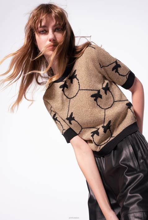 Pullover | Pinko gold/schwarz Kurz geschnittener Pullover mit Monogramm-JacquardZ4ZP555
