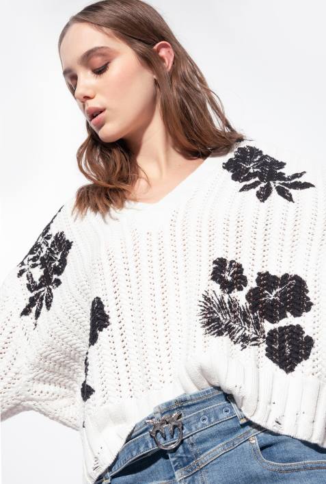 Pullover | Pinko weiß schwarz Pullover mit grafischem BlumendruckZ4ZP499