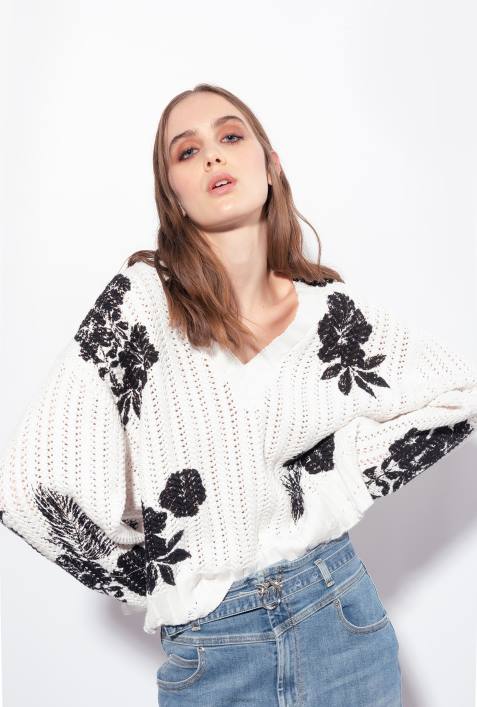 Pullover | Pinko weiß schwarz Pullover mit grafischem BlumendruckZ4ZP499