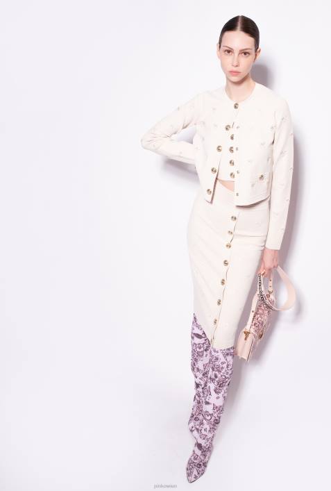 Strickjacke | Pinko Birkenbeige Kurz geschnittene Strickjacke mit „Love Birds“-Motiv aus JacquardZ4ZP558