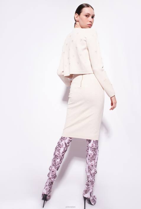 Strickjacke | Pinko Birkenbeige Kurz geschnittene Strickjacke mit „Love Birds“-Motiv aus JacquardZ4ZP558