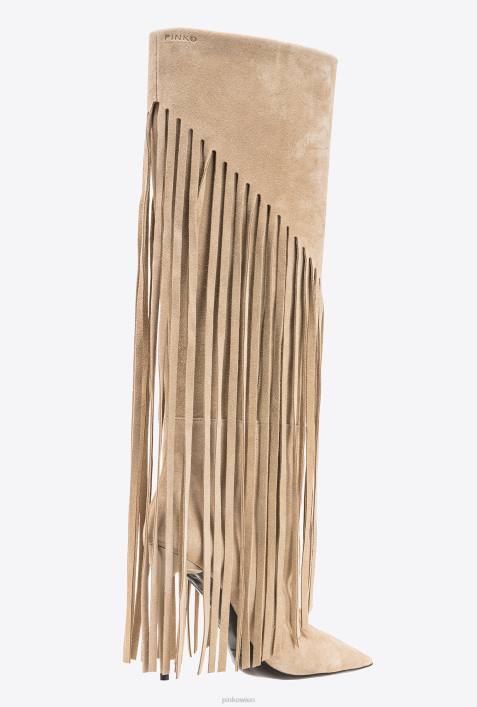Stiefel | Pinko Beige-Helles Taupe Wildlederstiefel mit FransenZ4ZP1100