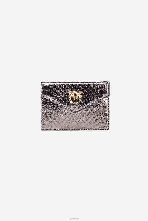 Clutch-Taschen | Pinko Gunmetal-Grau-glänzendes Gold Flaches Galleria-Kartenetui aus laminiertem ReptilienlederZ4ZP1170