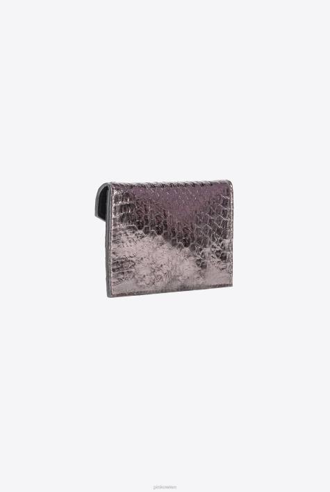 Clutch-Taschen | Pinko Gunmetal-Grau-glänzendes Gold Flaches Galleria-Kartenetui aus laminiertem ReptilienlederZ4ZP1170
