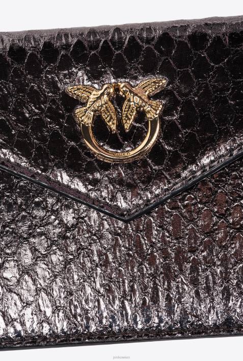 Clutch-Taschen | Pinko Gunmetal-Grau-glänzendes Gold Flaches Galleria-Kartenetui aus laminiertem ReptilienlederZ4ZP1170