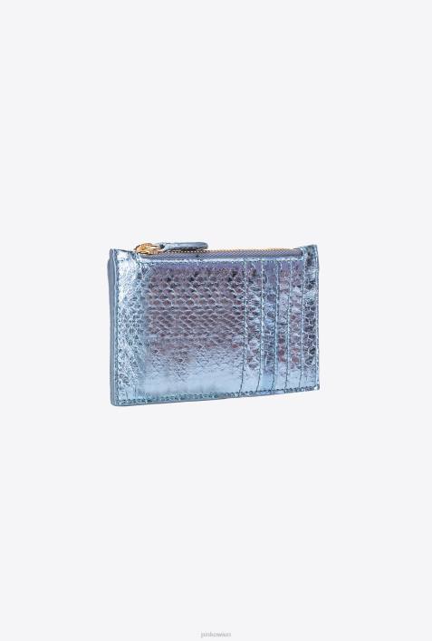Clutch-Taschen | Pinko hellblau-glänzendes Gold Galleria-Kartenetui mit Reißverschluss aus laminiertem ReptilienlederZ4ZP1179
