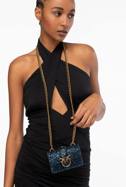 Microlove-Taschen | Pinko Clematis blau-antikgold Micro Love Bag mit körnigem GlitzerZ4ZP1210